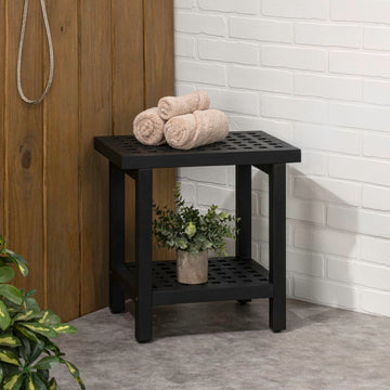 Armin 18.1" Modern Classic Grid Slat Solid Acacia Wood Indoor/Outdoor Shower Stool